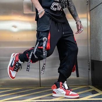 Hip-Hop Poilsiu Vyrų Laišką Juostelės Krovinių Kelnės Kišenės Kelio Taktinis Atsitiktinis Techwear Vyriškos Kelnės Sweatpants Sporto Streetwear