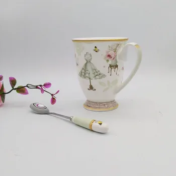 Keramikos Puodelis Mados Elegantiškas Modelis, Dizaino Kavos Puodelis Pieno Pusryčiai Taurės Mergaičių Mielas Dovanų Porceliano Arbatos Puodeliai Su Šaukštu