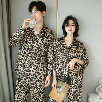 Vasarą Naujos Mados Leopard Pora Pajama Komplektai Imitavo Šilko Audinys Pyjama Kostiumas Naktiniai Drabužiai Mylėtojų Pijama