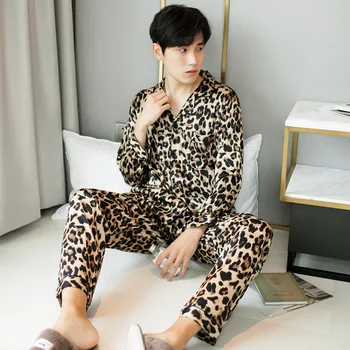Vasarą Naujos Mados Leopard Pora Pajama Komplektai Imitavo Šilko Audinys Pyjama Kostiumas Naktiniai Drabužiai Mylėtojų Pijama