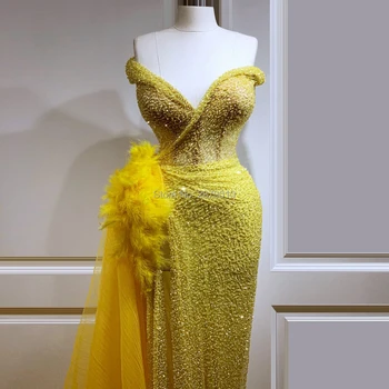 Prabanga Geltona 2020 Vakarinę Suknelę Apvalkalas, Grindų Ilgio Plunksnos, Karoliukai, Blizgučiai Chalatas De Soiree Aibye Promenadzie Suknelė Artimųjų Rytų Dubajus