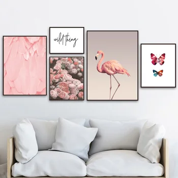 Flamingo Plunksnų Gėlių Drugelis Sienos Meno Tapybos Drobės Šiaurės Plakatai Ir Spausdina Sienos Nuotraukas Gyvenimo Kambario, Miegamasis Dekoro