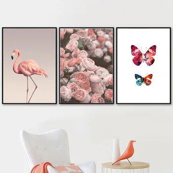 Flamingo Plunksnų Gėlių Drugelis Sienos Meno Tapybos Drobės Šiaurės Plakatai Ir Spausdina Sienos Nuotraukas Gyvenimo Kambario, Miegamasis Dekoro