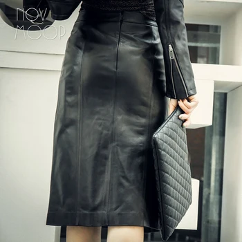 Novmoop aukštosios gatvės mados stiliaus juodos spalvos avikailio natūralios odos vidutinio ilgio klubo sijonas su mygtuką dekoro spodnica LT2982