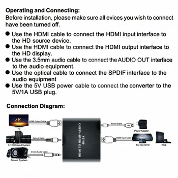 4K X 2K HDMI Audio Extractor + Optinis TOSLINK SPDIF + 3,5 mm Stereo Audio Extractor Konverteris HDMI Audio Splitter