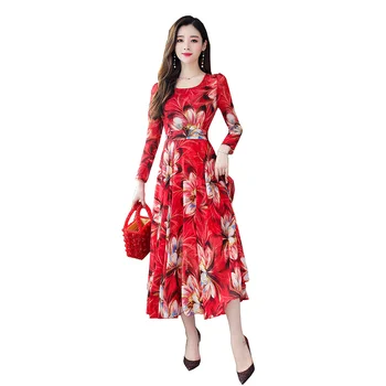 2021 Vintage Red ilgomis Rankovėmis Maxi Suknelės Rudens Žiemos 3XL Plius Dydis Gėlių Šifono Suknelė Elegantiškas Moteris Bodycon Šalies Vestidos