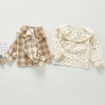 Japonijos korėjiečių Stilius, Vaikų Drabužiai, Vaikiška Kūdikių Mergaičių Medvilnės ilgomis Rankovėmis Gėlių Marškinėliai Rudenį Kūdikių Mergaičių Plaid marškinėliai