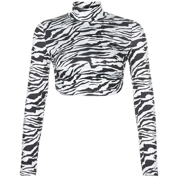 HEYounGIRL Gyvūnų Zebras Spausdinti Backless Apkarpytos Marškinėlius Moterims Seksualus Long Sleeve T-shirt Ladies Mados Apkarpyti Viršūnes Tees Streetwear