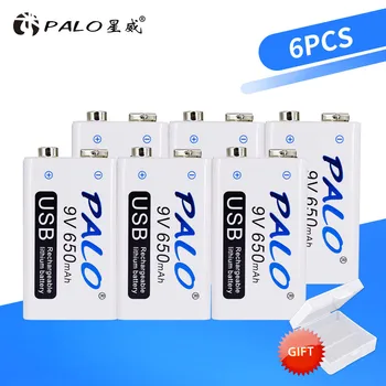 PALO 6pcs USB 9V 6F22 650mAh daugkartinio Įkrovimo Baterija 9 voltų greito įkrovimo ličio li-ion li jonų liion baterijas