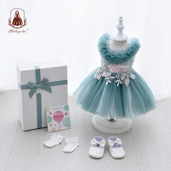 Yoliyolei Perlai Fluffy Antkaklis Baby Girl Dress Nustatyti, Žalia Gėlių Konkurso 1-ojo Gimtadienio Suknelės Mergaitėms su Dovanų Dėžutė