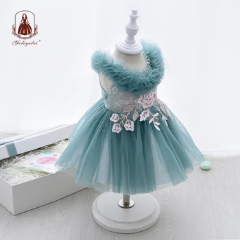 Yoliyolei Perlai Fluffy Antkaklis Baby Girl Dress Nustatyti, Žalia Gėlių Konkurso 1-ojo Gimtadienio Suknelės Mergaitėms su Dovanų Dėžutė