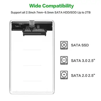 2.5 colių Skaidrus Kietojo Disko Tipas Atveju-C SATA HDD SSD Mobiliųjų Talpyklų 2TB 10gbps Didelės Spartos Nešiojamų USB3.1 Talpyklos Atveju