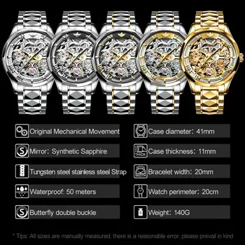 OUPINKE Automatinis laikrodis Vyrams, Viršuje Prabangos Prekės Sapphire Aukso Laikrodžiai, Nerūdijančio plieno, atsparus Vandeniui Skeletas Vyrų Mechaninis Laikrodis