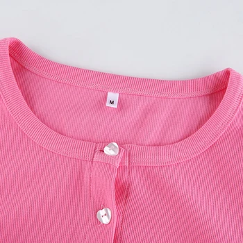 HEYounGIRL Rožinė Prakaito ilgomis Rankovėmis Megztinis Marškinėlius Moterims Rudenį Atsitiktinis Kratinys Apkarpytos T-shirt Ladies Mados Mygtuką Streetwear