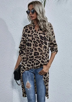 Moterų Leopardas Spausdinti Ilgos Palaidinės Nereguliarus Marškinėliai Trumpas Priekiniai Ilgai Atgal, V-kaklo, ilgomis Rankovėmis Viršuje Moterų Streetwear 2020 m.