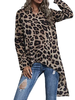 Moterų Leopardas Spausdinti Ilgos Palaidinės Nereguliarus Marškinėliai Trumpas Priekiniai Ilgai Atgal, V-kaklo, ilgomis Rankovėmis Viršuje Moterų Streetwear 2020 m.