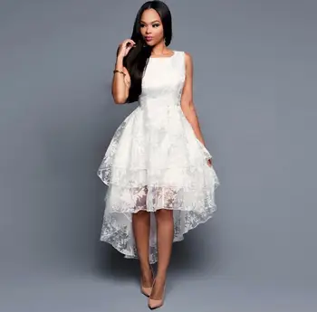 Mados Pavasario Vasaros Aukštas Žemas Suknelės Rankovių Elegantiškas Plonas Priekiniai Trumpas Atgal Ilgai Reljefiniai Šalis Suknelė Balta Moterų Tiulio Suknelė