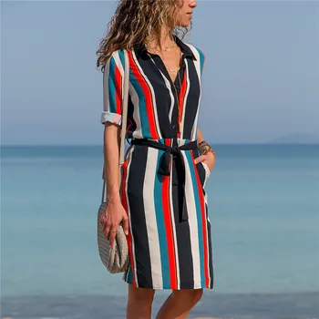 HiloRill Moterų Stripe Marškinėliai Suknelė Vasaros Spausdinti Paplūdimio Suknelės 2020 Ponios Atsitiktinis Palaidų ilgomis Rankovėmis Šalis Suknelė Vestidos de Fiesta
