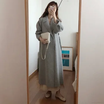 Žiemos Moteris Paltas Korėjos Outwear Vilnos Prarasti Susagstomi Megztiniai Iš Kašmyro Palto Ilgomis Rankovėmis Manteau Femme Hiver Elegantiškas