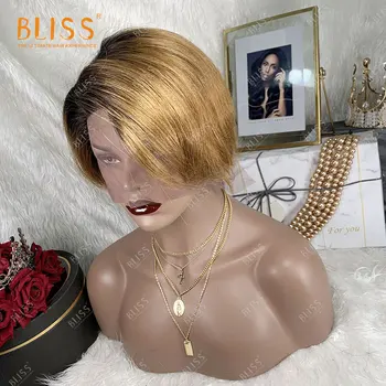 BLISS Ombre Žmogaus Plaukų Perukas Mados Brazilijos Trumpas Pixie Supjaustyti Bob Perukai Už juodaodžių Moterų Remy Plaukų Cosplay Šalis