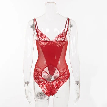 Sexy Raudona Bodysuit nėrinių bodysuit gilia V Backless moterų šilko Bodysuit Bodycon kūno kūno mujer elegante Romper Įstaigų Ponios 2018