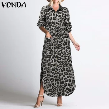 Rudenį Maxi Ilga Suknelė 2021 VONDA Moterys savo Ruožtu Žemyn Kaklo Derliaus Leopardas Spausdinti Suknelės Plius Dydžio Bohemijos Vestidos Femme Skraiste