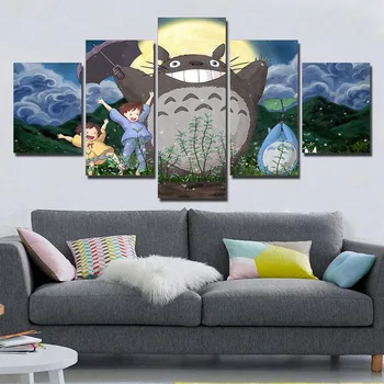 Namo Apdaila Spausdinti Drobės 5 Gabalas Animacija Totoro Tapybos Sienos Meno Plakatas Modulinės Nuotraukos Rėmelis, Naktiniai Fone