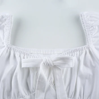 2020 Naujas Mados Kietas Kvadratinių Apykaklės Seksuali Atvira Bamba Trumpi marškinėliai Bowknot Viršūnes Elegantiškas Trumpas Sluoksniuotos Rankovėmis moteriški marškinėliai
