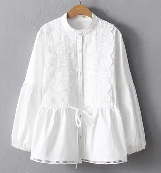 Mori girl chic white marškinėliai viršuje siuvinėjimo stovėti apykakle ilgomis rankovėmis marškinėliai
