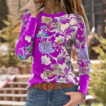 Elegantiškas Pavasarį, O Kaklo Harajuku Palaidinė Marškinėliai Mados Ilgomis Rankovėmis Rudenį Slim Basic Marškinėliai Atsitiktinis Gėlių Spausdinti Moterų Megztinis Viršūnės