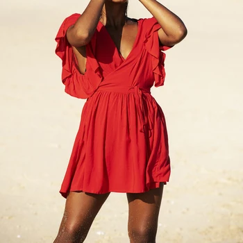 Vasaros Paplūdimio Cover up Tunika Paplūdimio Pareo Paplūdimio Sarongas Vestidos Praia Plius dydis Maudymosi kostiumai padengti iki Moterų Raudona Paplūdimio Suknelė