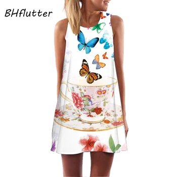 BHflutter Gėlių, Paukščių Spausdinti Vasaros Suknelė Moterų Mados Atsitiktinis Palaidų Trumpą Šifono Suknelės-line Mielas Mini Šalis Suknelė Vestidos
