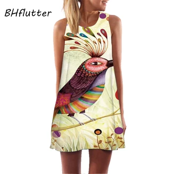 BHflutter Gėlių, Paukščių Spausdinti Vasaros Suknelė Moterų Mados Atsitiktinis Palaidų Trumpą Šifono Suknelės-line Mielas Mini Šalis Suknelė Vestidos