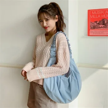 Korėjos stiliaus Drobės moterų pečių maišą Didelės talpos ponios ranka maišo Lengvas Pirkinių maišeliai didelis totalizator krepšiai mėlyna Hobos
