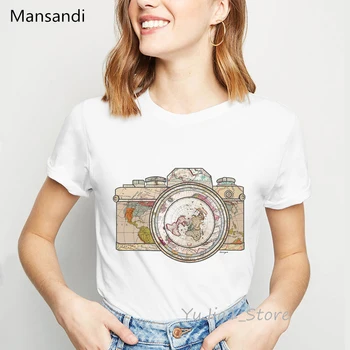 Vintage camera pasaulio žemėlapyje marškinėliai moterims drabužių 2019 