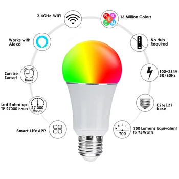 AC110-220V 10W WiFi tuya Smart Gyvenimo Lemputė E27 LED Lemputės RGB+BMT(Balta+šiltai balta) Pritemdomi su darbu 