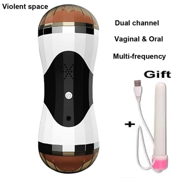 Dual channel Vyrų Masturbator žmogui Kišenėje sekso Makšties nekilnojamojo pūlingas Įvairių greičių Vibratorius žaislai vyrams Oralinis Seksas mašina Blowjob