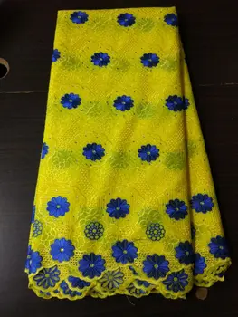5 Yds/vnt Spalvingas geltonos spalvos siuvinėjimo afrikos medvilnės audinio ir mėlynos spalvos gėlių dizainas šveicarijos vienspalviai voile nėrinius, drabužių BC151-3