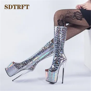 SDTRFT Mados 20cm plonas Stiletto kulniukai moteris Vasarą Coool Peep Toe Knee-high batai platformos siurbliai ponios skaidrus SM batai
