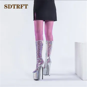 SDTRFT Mados 20cm plonas Stiletto kulniukai moteris Vasarą Coool Peep Toe Knee-high batai platformos siurbliai ponios skaidrus SM batai