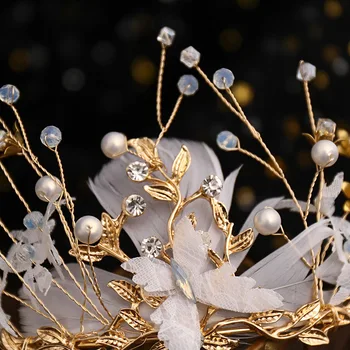 Baroko baltos plunksnos pearl karūna gražus metalo lapų plunksnų vestuvių princesė crystal crown nuotakos šukuosena vestuvių plaukų jewe