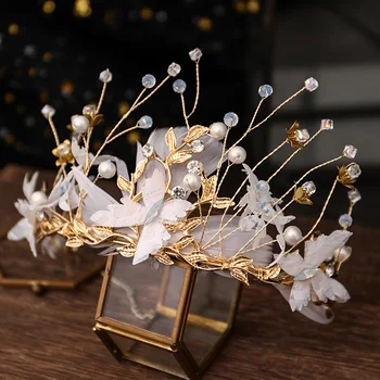 Baroko baltos plunksnos pearl karūna gražus metalo lapų plunksnų vestuvių princesė crystal crown nuotakos šukuosena vestuvių plaukų jewe