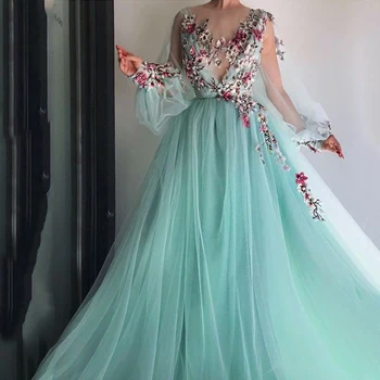 LORIE ilgomis Rankovėmis vakarinę Suknelę Šalis, Chalatai Chalatas De Soiree Oficialų Prom Dresses Pasinėrus 3D Gėlės Duobute Viršuje Vakare Chalatai