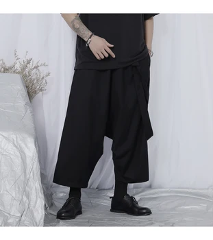 Originalus naujas atsitiktinis kelnės, vyriški devynių taškų kelnes Yamamoto vėjo tamsiai plataus koja pants madinga gražus laisvas dirželis kelnės