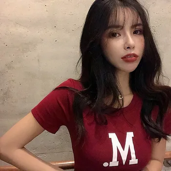 Korėjos versiją, Honkongo stiliaus Tamprumo Jėga Slim Fit Laiškas Spausdinti trumpomis Rankovėmis Viršūnes Mados Tinka Harejuku Vasaros T-shirt