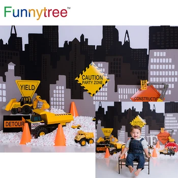 Funnytree Gimtadienio Fone Berniukas Statybos Srityje Atsargiai Šalis Zonoje Tortas Sutriuškinti Vaikai Statybos Apdailos Fone Reklama