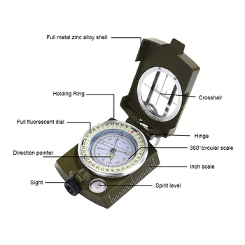 Profesinės Karinės Armijos Metalo Matomumas Kompasas Kempingas Lauko Išgyventi Įrankiai Daugiafunkcinis Noctilucent Rodyti Kompasą