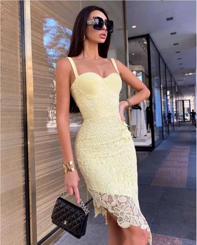 Aukštos Kokybės Geltona Balta Slydimo Nėrinių Elegantiškas Viskozė Tvarstis Suknelė Mados Bodycon Klubo Šalis Suknelė Vestidos
