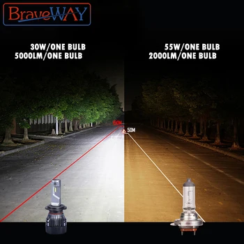 BraveWay 60W 10000LM/pora 6500K H7 LED Lemputes Automobilio 12V 9012 9005 HB3 HB4 9006 H11 H4 Led Žibintų Motociklo Auto Lempos