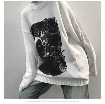 Vintage Mados O Kaklo, ilgomis Rankovėmis Džemperiai ir Puloveriai Spausdinti Laisvas Megztinis Moterims Harajuku BF Mezgimo Viršūnes Streetwear